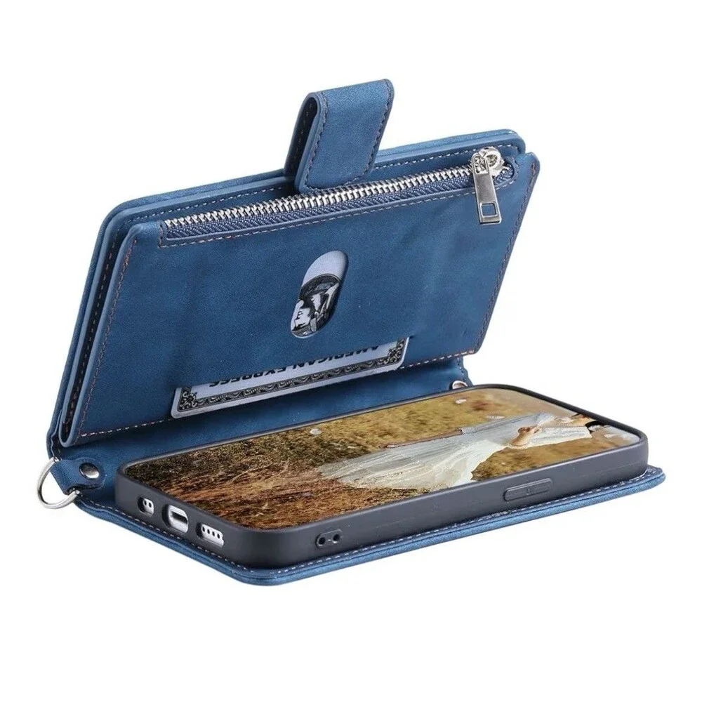 Wallet Phone Case for Google Pixel 7A Blue Flip Cover Stand Card Holder Wristlet